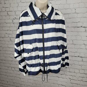 Zara Navy White Boxy Hideable Hood Lightweight Windbreaker Jacket Size Large L